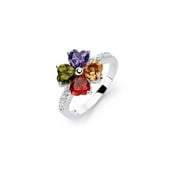 Sterling Silver Multi Colored 6mm CZ Hearts In A Flower Pattern. 3 TCW all CZs Ring